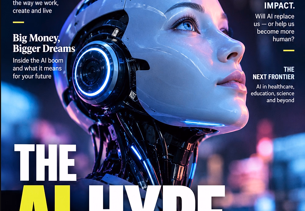 The first version of a ChatGPT prompt: 'make a frontpage magazine cover about the current AI hype,' Oct 2026