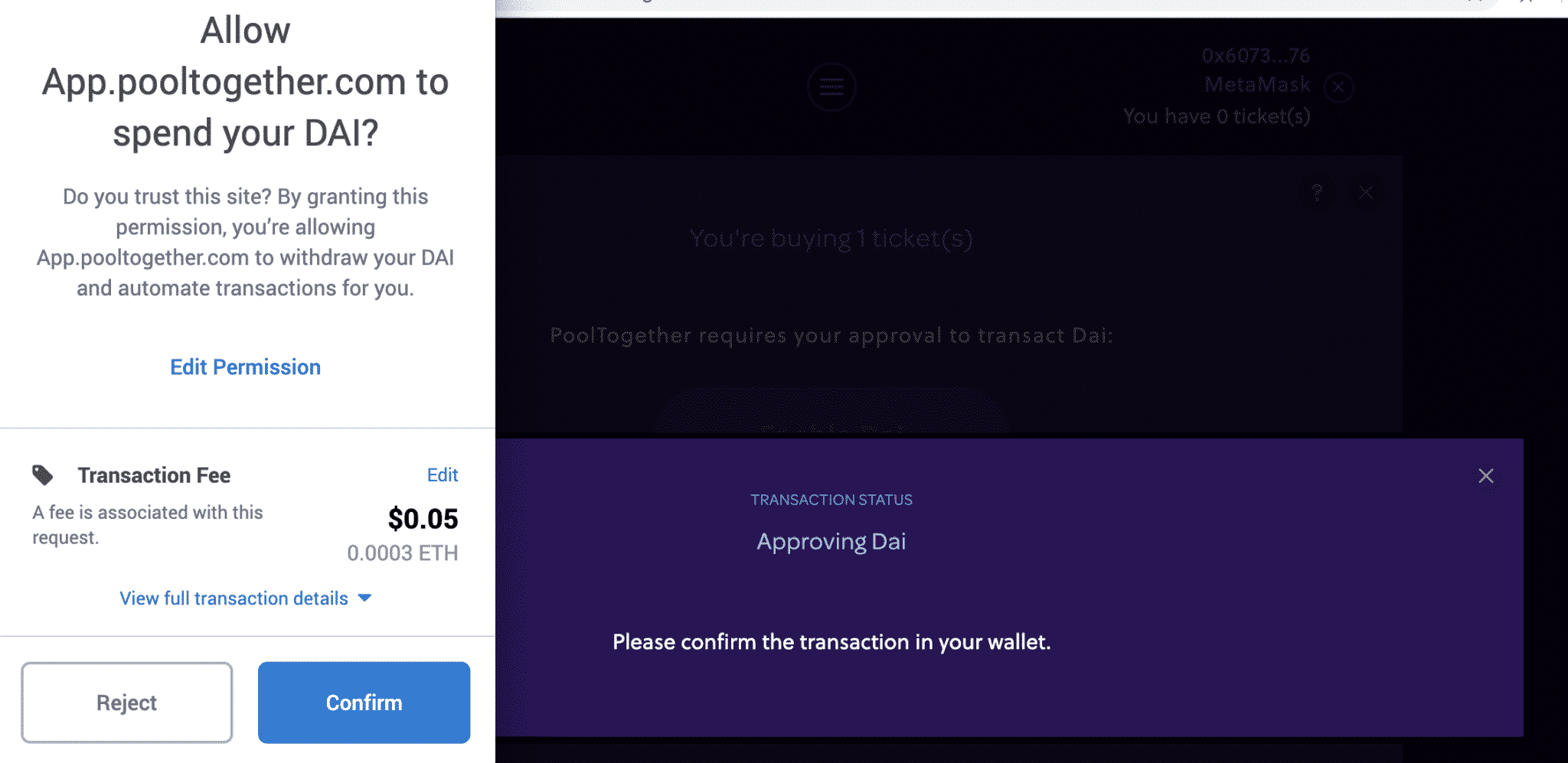 Giving PoolTogether smart contract permission to interact with our eth account, Jan 2020