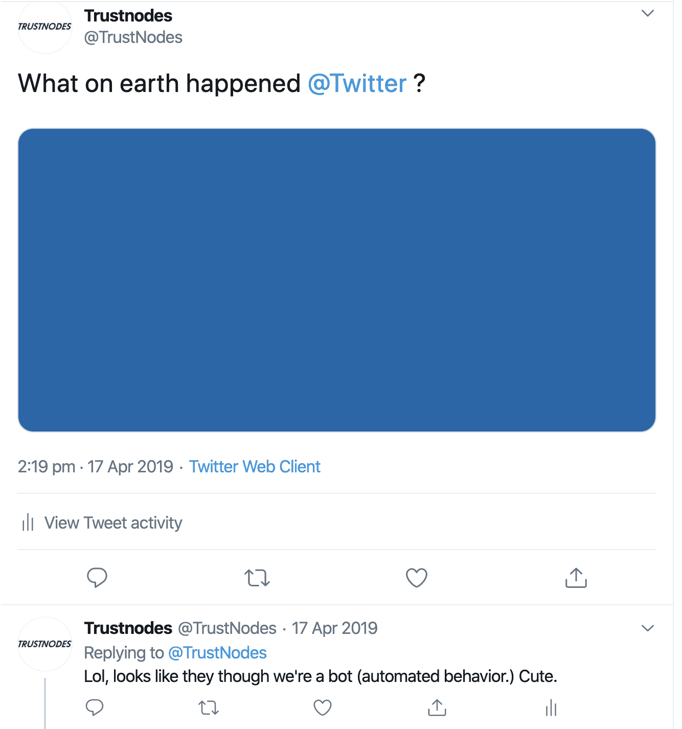 Twitter locks Trustnodes' account, April 2019