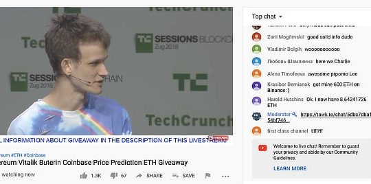 Vitalik Buterin impersonated by livestream scammers, Feb 2020