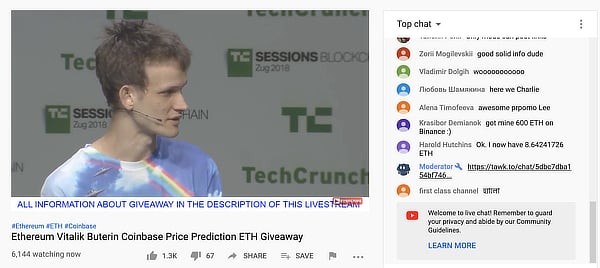 Vitalik Buterin impersonated by livestream scammers, Feb 2020