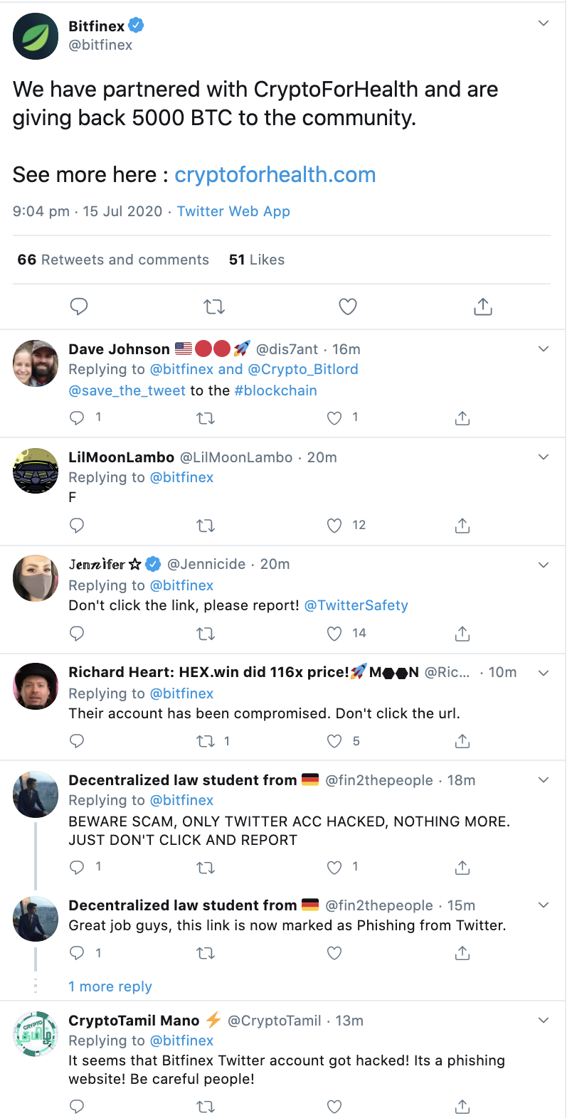 Bitfinex twitter account hacked, July 2020