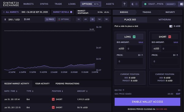 SNX options dapp on Ethereum, July 2020