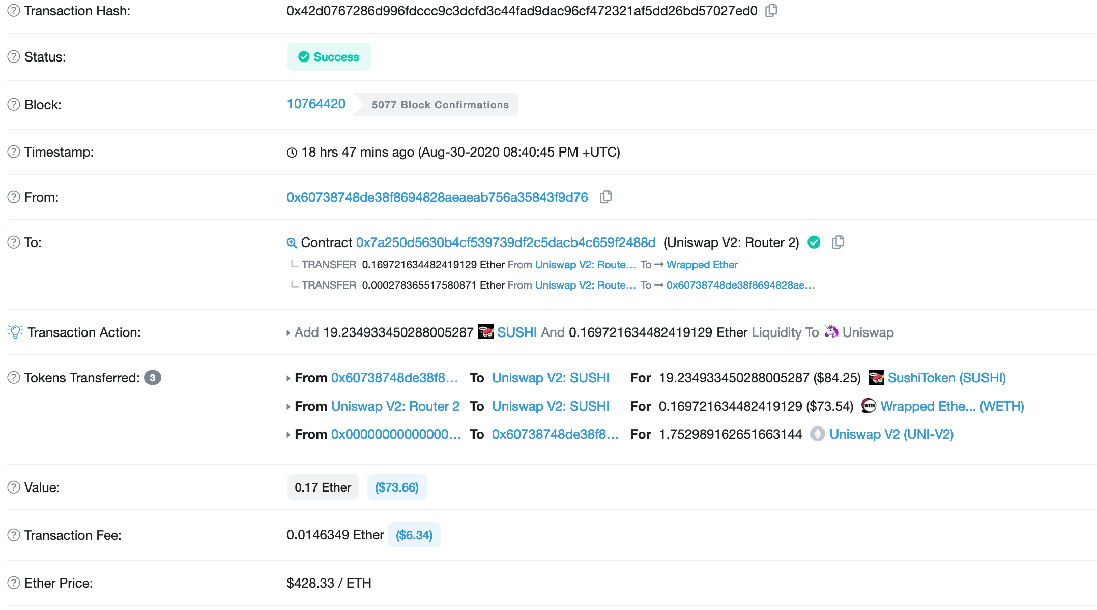Adding liquidity to Uniswap pool, Aug 2020
