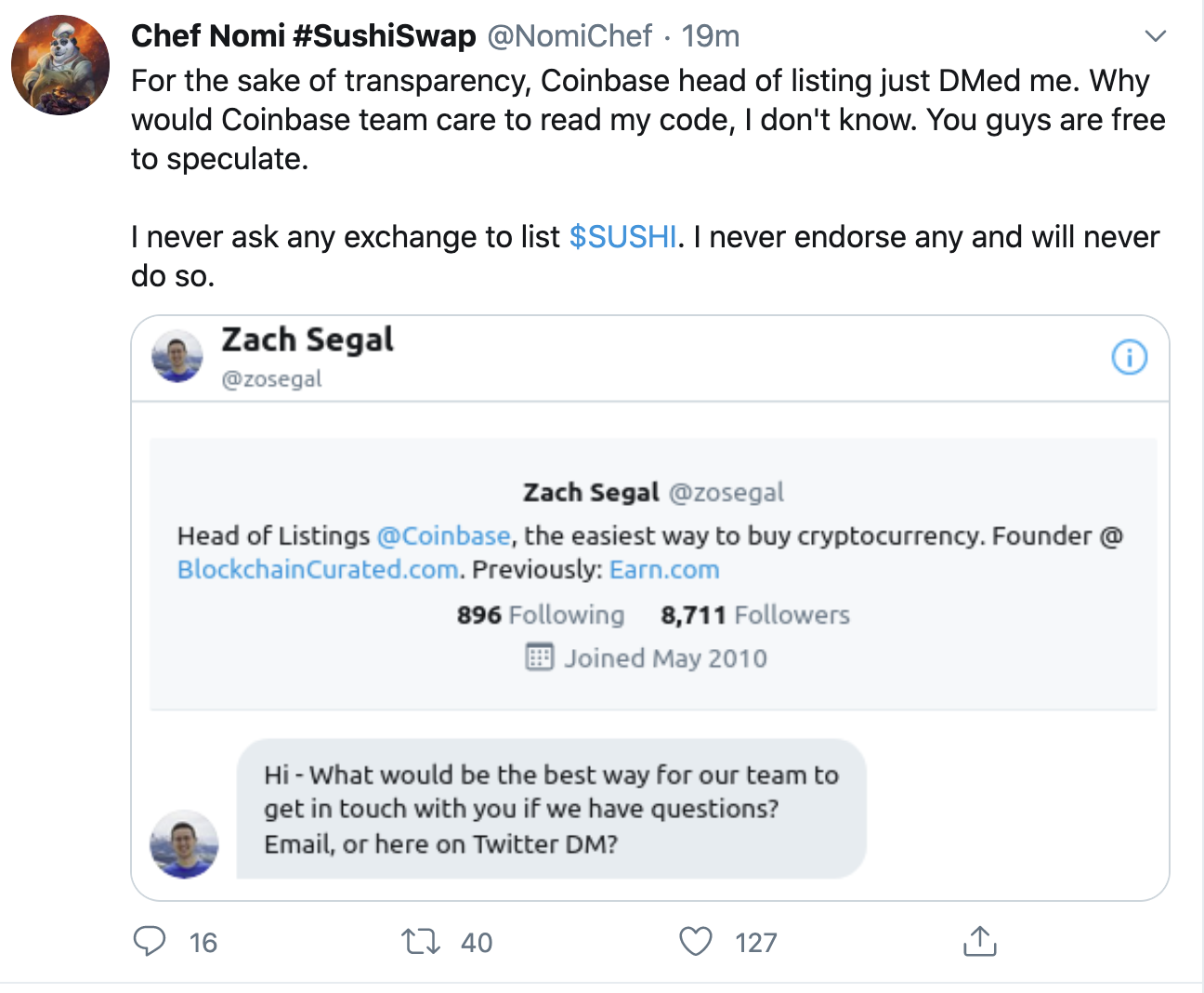 Sushi chef leaks Coinbase contact, Sep 2020