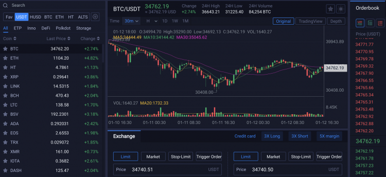 Huobi bitcoin trading interface, Jan 2021