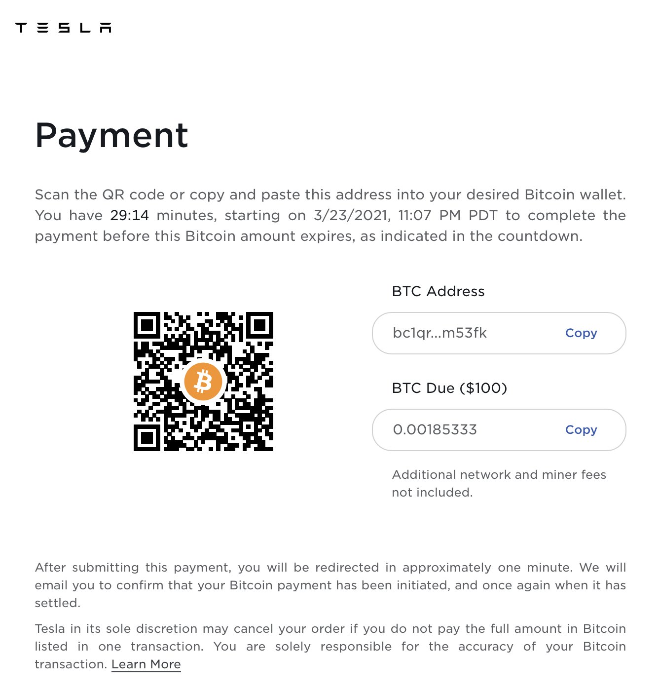 Paying Tesla with Bitcoin, March 2021