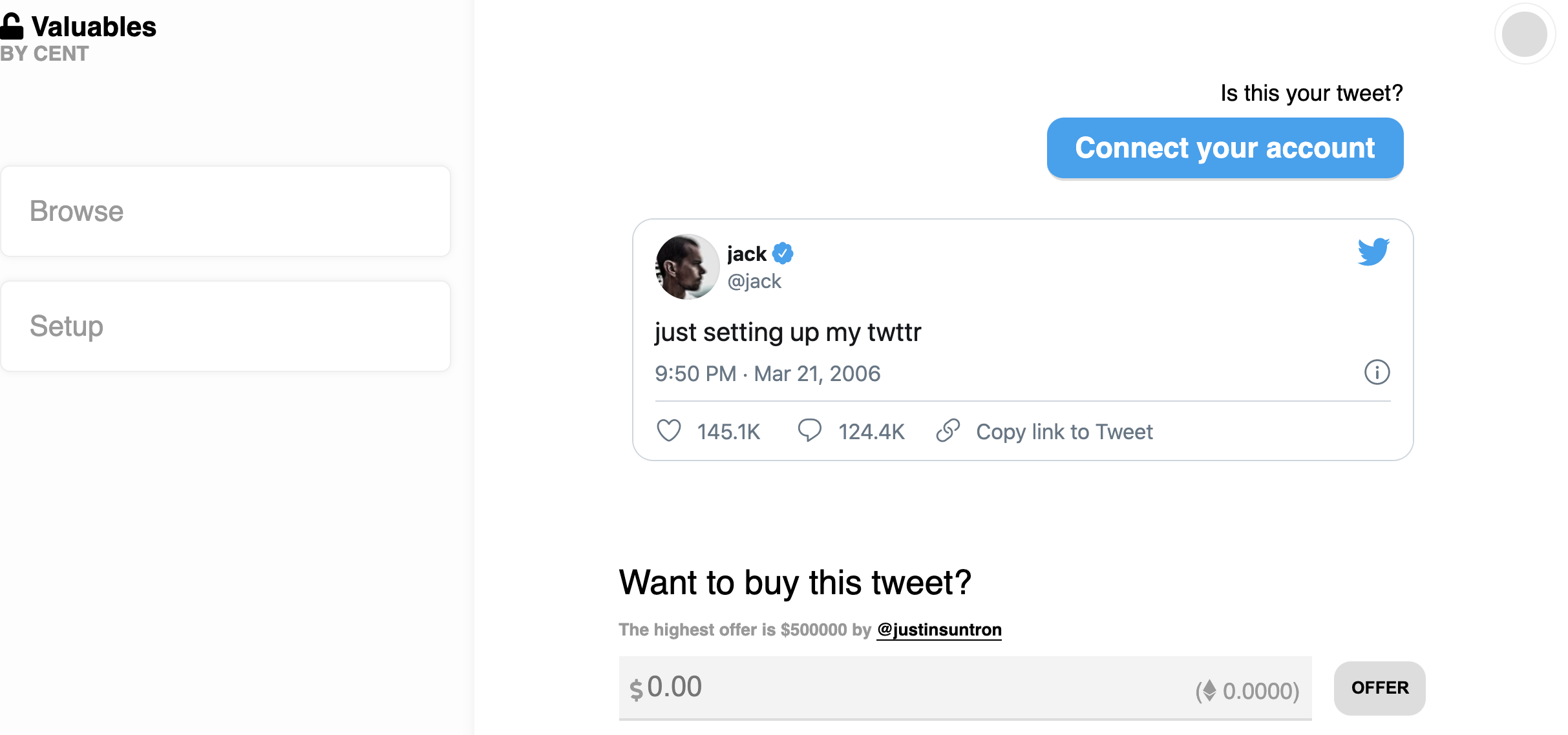 Jack Dorsey tokenized tweet on ethereum, March 2021