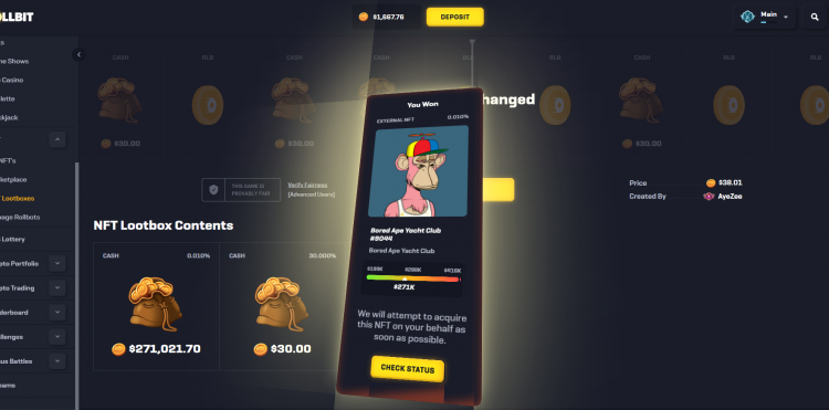 Bored Ape won at NFT casino, Feb 2022