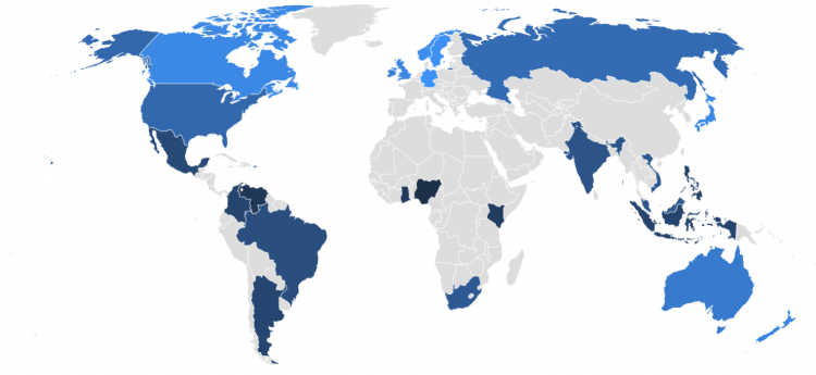 Global crypto attitudes, the darker the blue, the more positive the view, Feb 2022