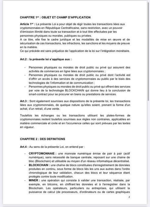 Central African Republic bill declaring bitcoin legal tender, April 2022