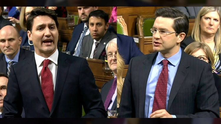 Trudeau on the left, Poilievre right