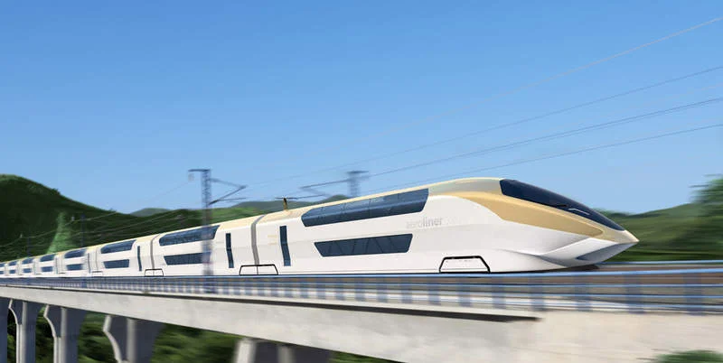 A double decker train moving at speed