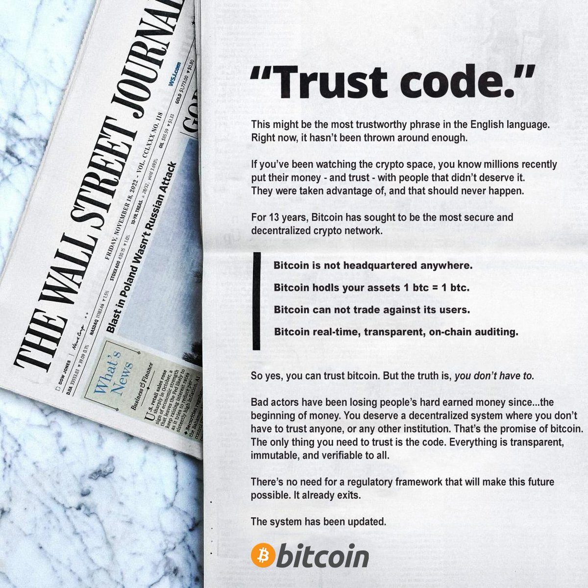 Bitcoin, the system has been updated. A play on Coinbase's ad, Nov 2022