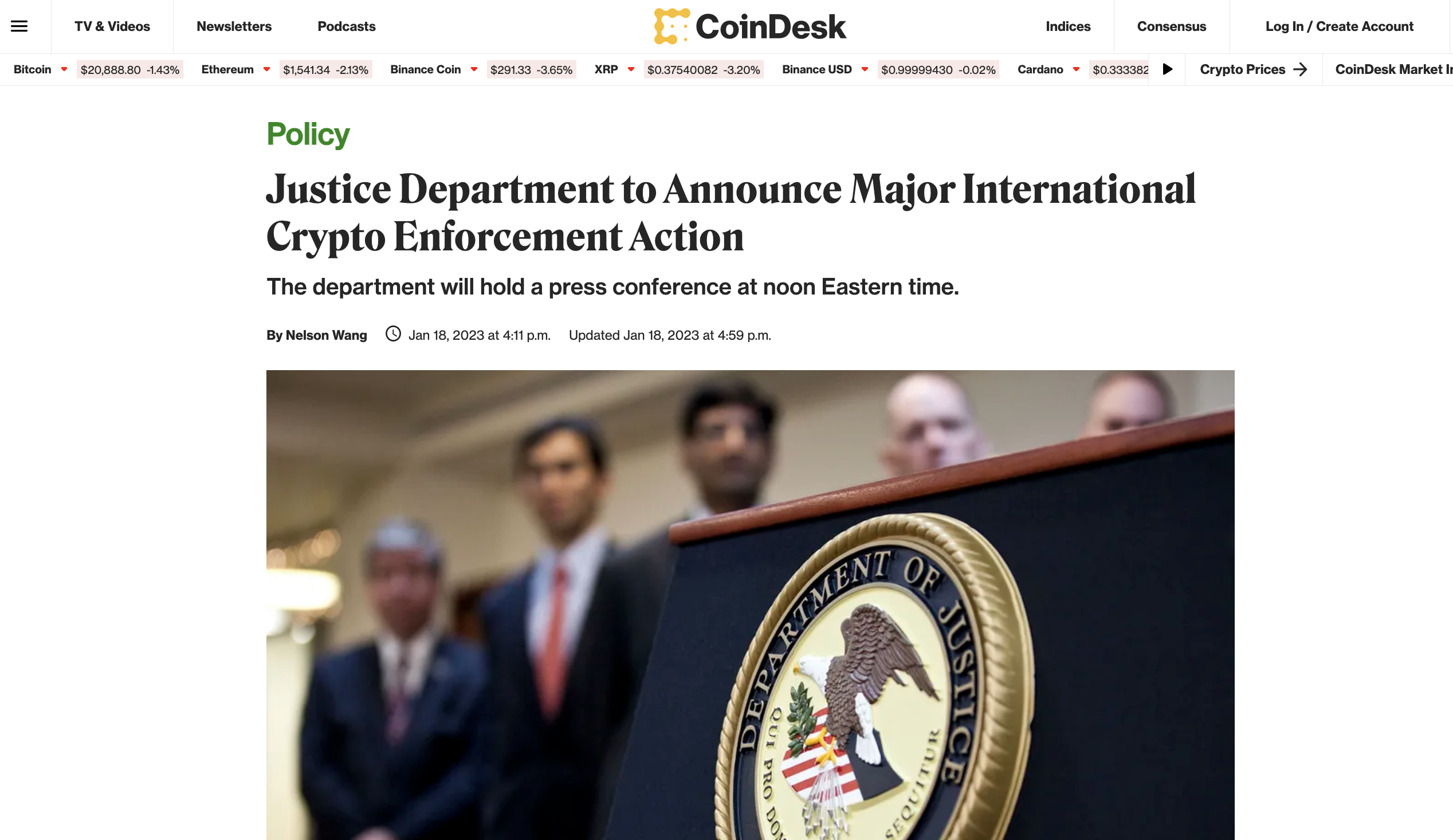 Coindesk's misreport dips bitcoin, Jan 2023
