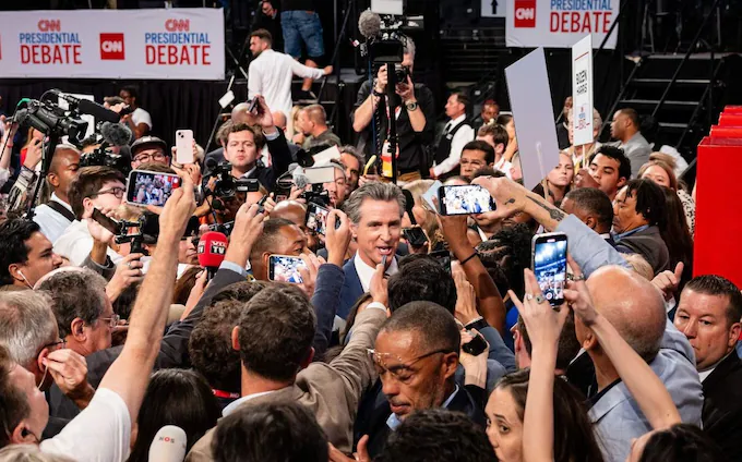 Newsom at the CNN spin room after the debate, June 2024